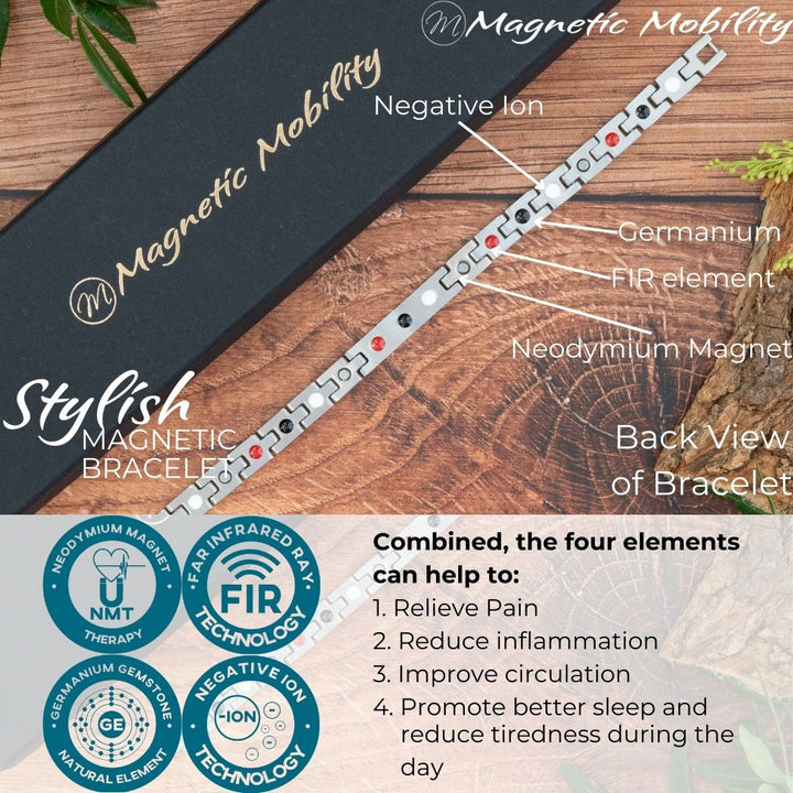 Silver 4in1 Magnetic bracelet from agnetic Mobility with a centerpiece, adorned with two rows of shimmering Swarovski crystals. Shows the back of the bracelet with the 4 elements highlighted - Negative ions, Germanium, FIR element, Neodymium magnets