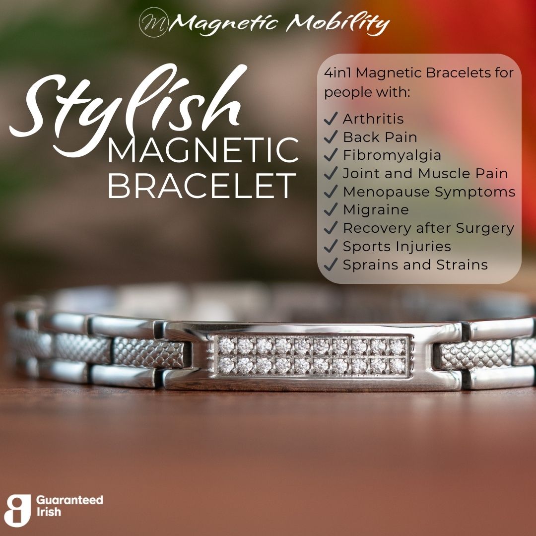 Silver 4in1 Magnetic bracelet from agnetic Mobility with a centerpiece, adorned with two rows of shimmering Swarovski crystals. Text showing that 4in1 Magnetic bracelets are for people with arthritis, back pain, fibromyalgia, joint and muscle pain, menopause symptoms, migraine, recovery after surgery, sports injuries, sprains and strains