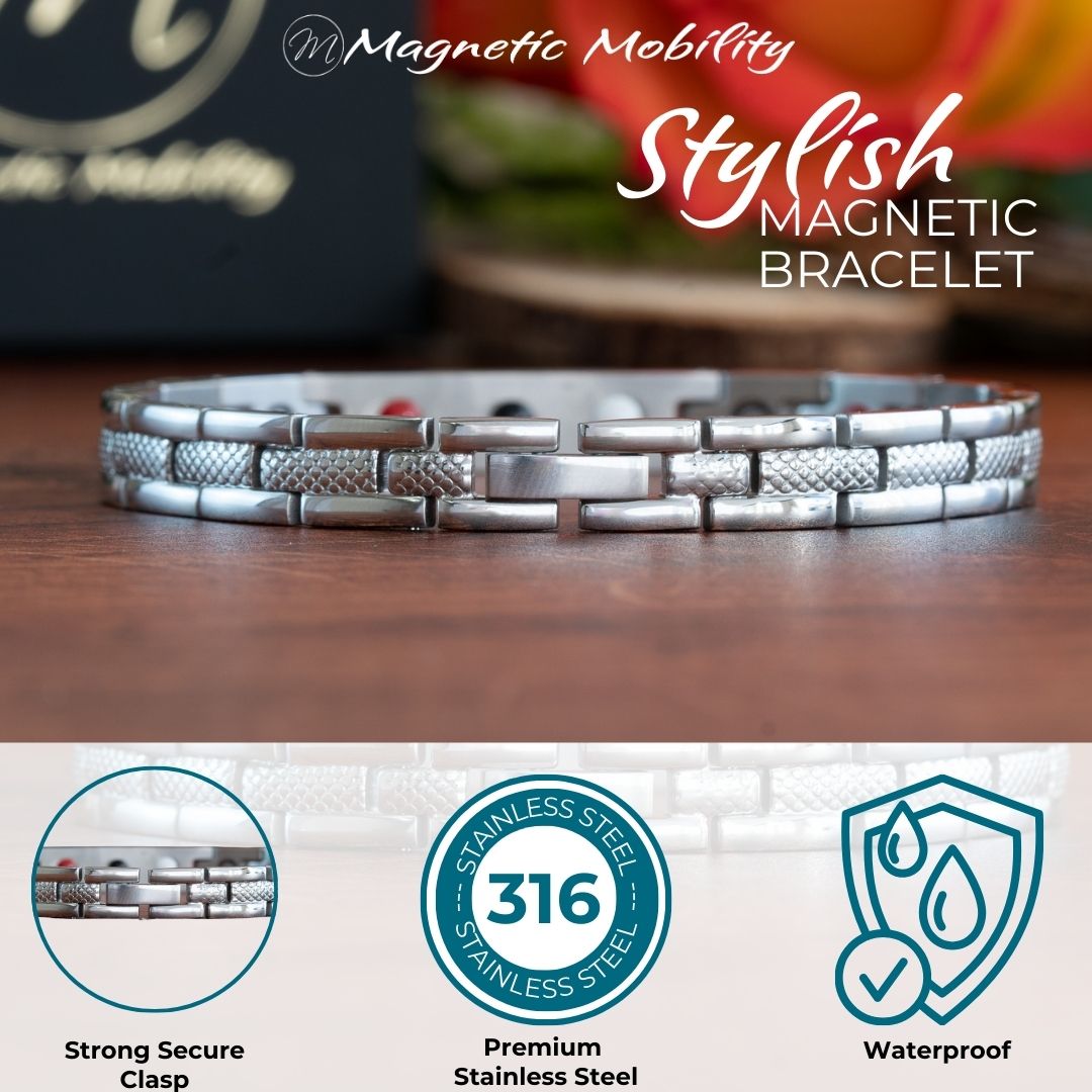 Silver 4in1 Magnetic bracelet from agnetic Mobility with a centerpiece, adorned with two rows of shimmering Swarovski crystals. Clasp view shoing logos of premium stainless steel and waterproof