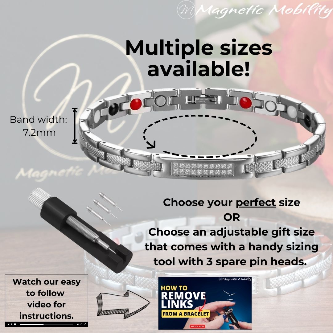 Silver 4in1 Magnetic bracelet from agnetic Mobility with a centerpiece, adorned with two rows of shimmering Swarovski crystals. Outline showing sizes and the tool used to reduce the bracelet size