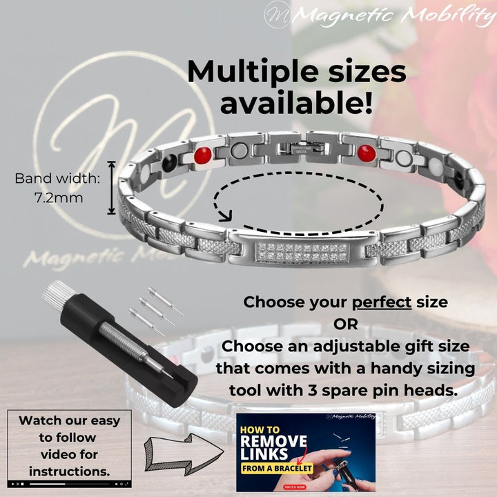 Silver 4in1 Magnetic bracelet from agnetic Mobility with a centerpiece, adorned with two rows of shimmering Swarovski crystals. Outline showing sizes and the tool used to reduce the bracelet size