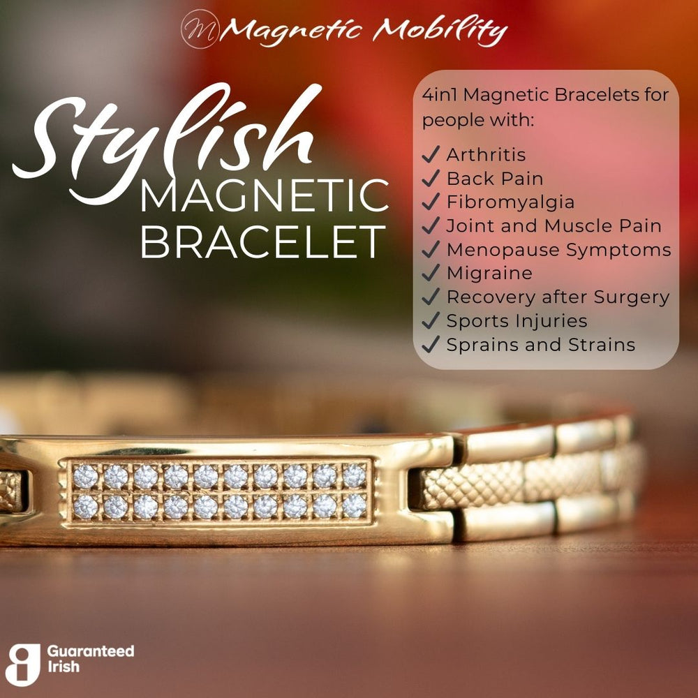 Gold 4in1 Magnetic Bracelet from Magentic Mobility with a centerpiece, adorned with two rows of shimmering Swarovski crystals. Close up view with the writitng 4in1 Magnetic bracelets for people with arthritis, back pain, fibromyalgia, joint and muscle pain, menopause symptoms, migraine, recovery after surgery, sports injuries, prains and strains