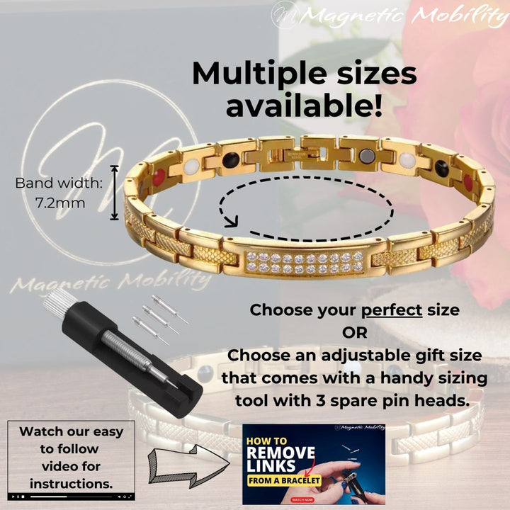 Gold 4in1 Magnetic Bracelet from Magentic Mobility with a centerpiece, adorned with two rows of shimmering Swarovski crystals. Otline of the bracelet with sizes and tool used to remove links