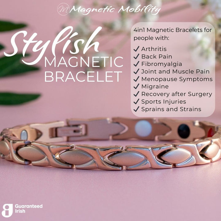 Laurel Dawn - a rose gold 4in1 Magnetic bracelet with text - for people with arthritis, back pain, fibromyalgia, joint and muscle pain, menopause symptoms, migraine, recovery after syurgery, sports injuries, sprains and strains. 