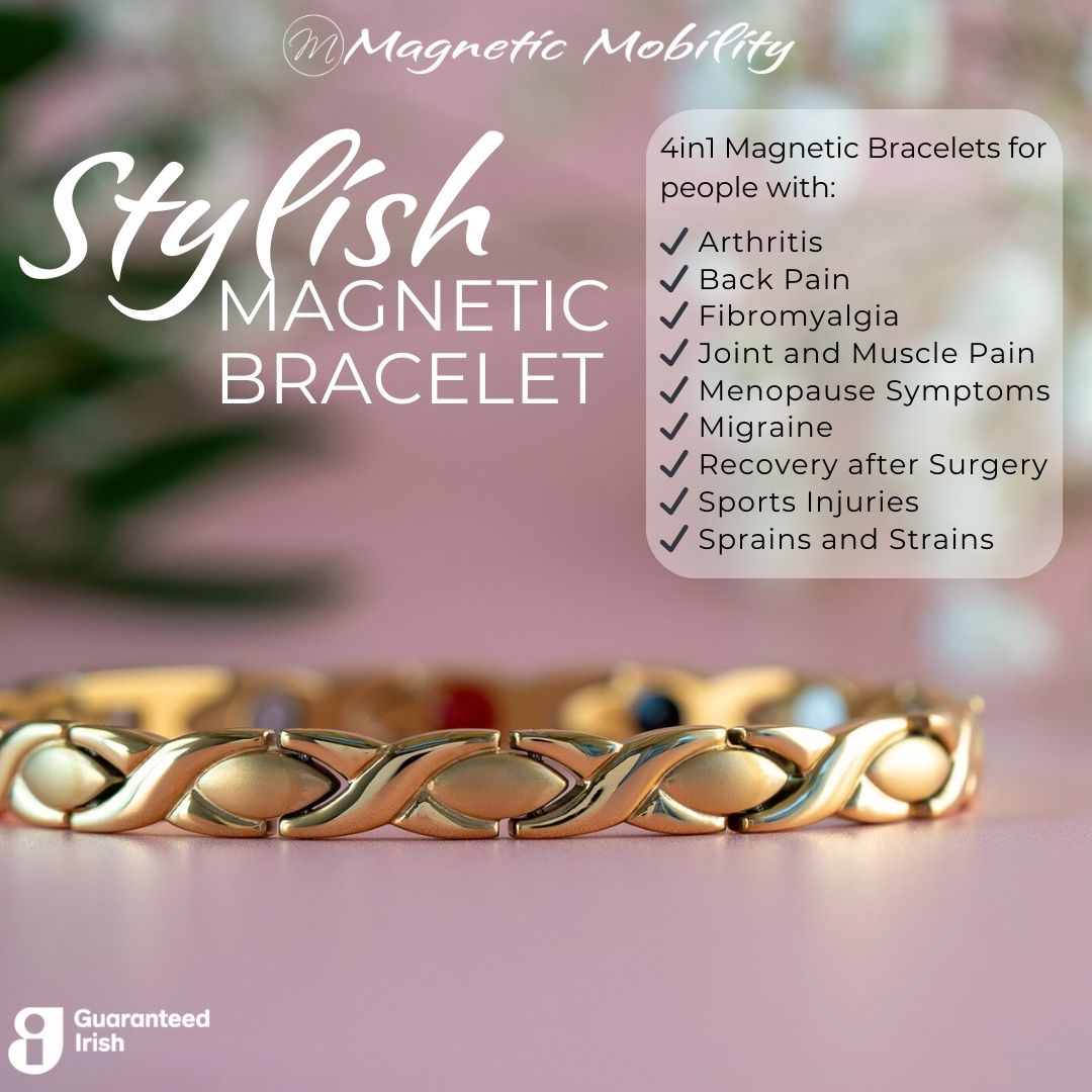 Laurel Sun - Gold 4in1 Magnetic Bracelet for Women shown on a pink surface with the text - for people with arthriits ,back pain, fibromyalgia, joint and muscle pain, menopause symptoms, migraine, recovery after surgery, sports injuries, sprains and strains