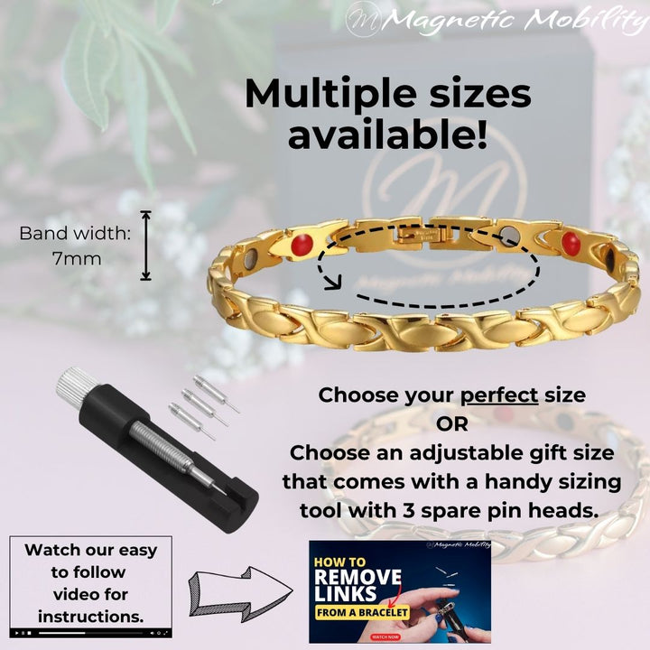 Laurel Sun - Gold 4in1 Magnetic Bracelet for Women showing the size and the tool available to ajust the bracelet