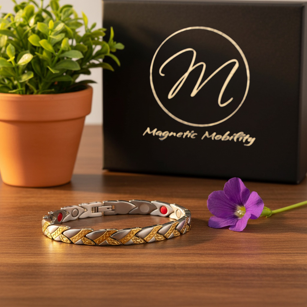 Magnetic bracelet with gold and silver desing on a wooden surface next to a potted plant and purple flower, with 'Magnetic Mobility' branding in the background.