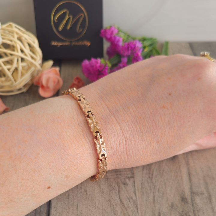 Meadowsweet Dawn 4in1 Magnetic Bracelet - Magnetic Mobility - Womens Rose gold bracelet for arthritis - - on wrist