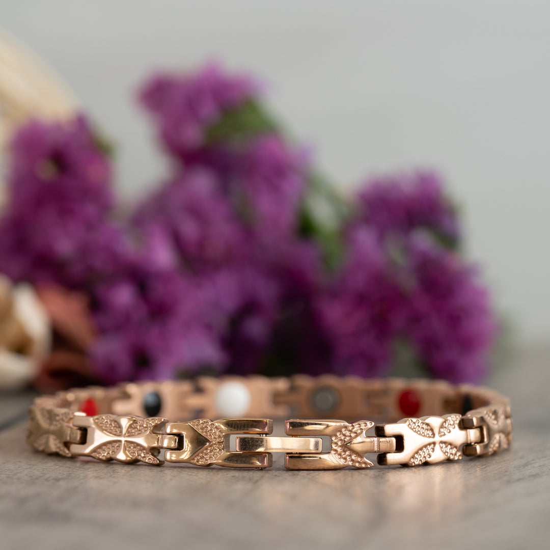 Clasp view of the Meadowsweet Dawn 4in1 Magnetic Bracelet in rose gold, designed with a butterfly motif and advanced health elements for pain relief.