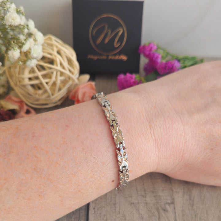 Meadowsweet Dusk 4in1 Magnetic Bracelet - Magnetic Mobility - Womens Butterfly design silver and gold magnetic bracelet for arthritis - on wrist