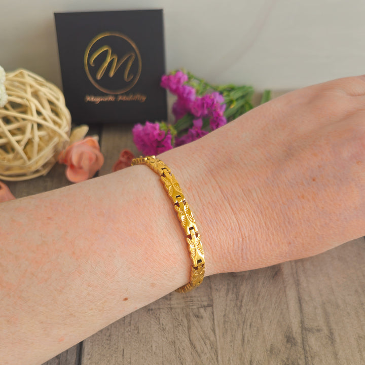 Meadowsweet Sun 4in1 Magnetic Bracelet - Magnetic Mobility  -Gold butterfly design - on wrist