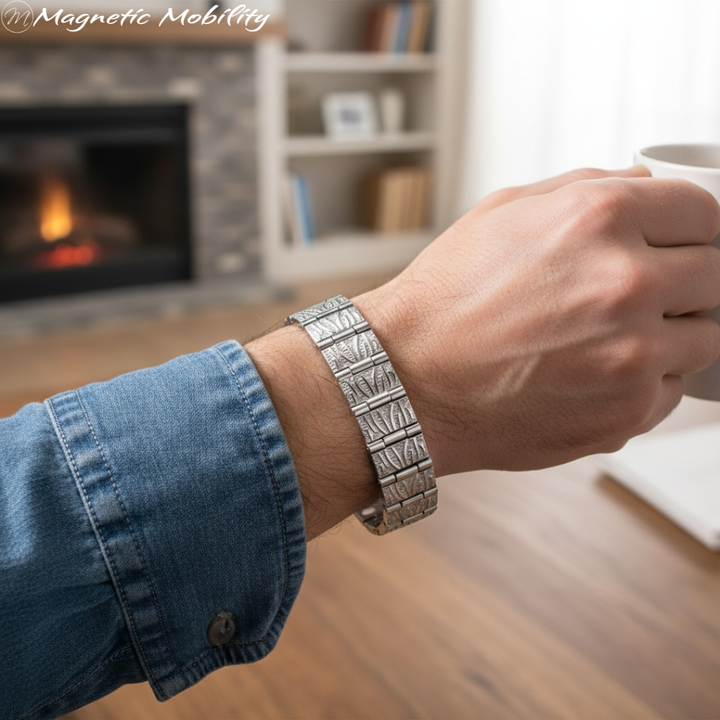Hand wearing a silver magnetic bracelet holding a mug in a cozy room with a fireplace.