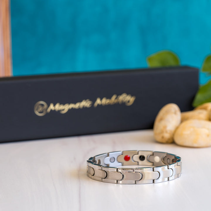 Front view of the Rowan Star Men's Silver 4in1 Magnetic Bracelet elegantly displayed, showcasing its sophisticated design with a combination of matte and shiny elements.