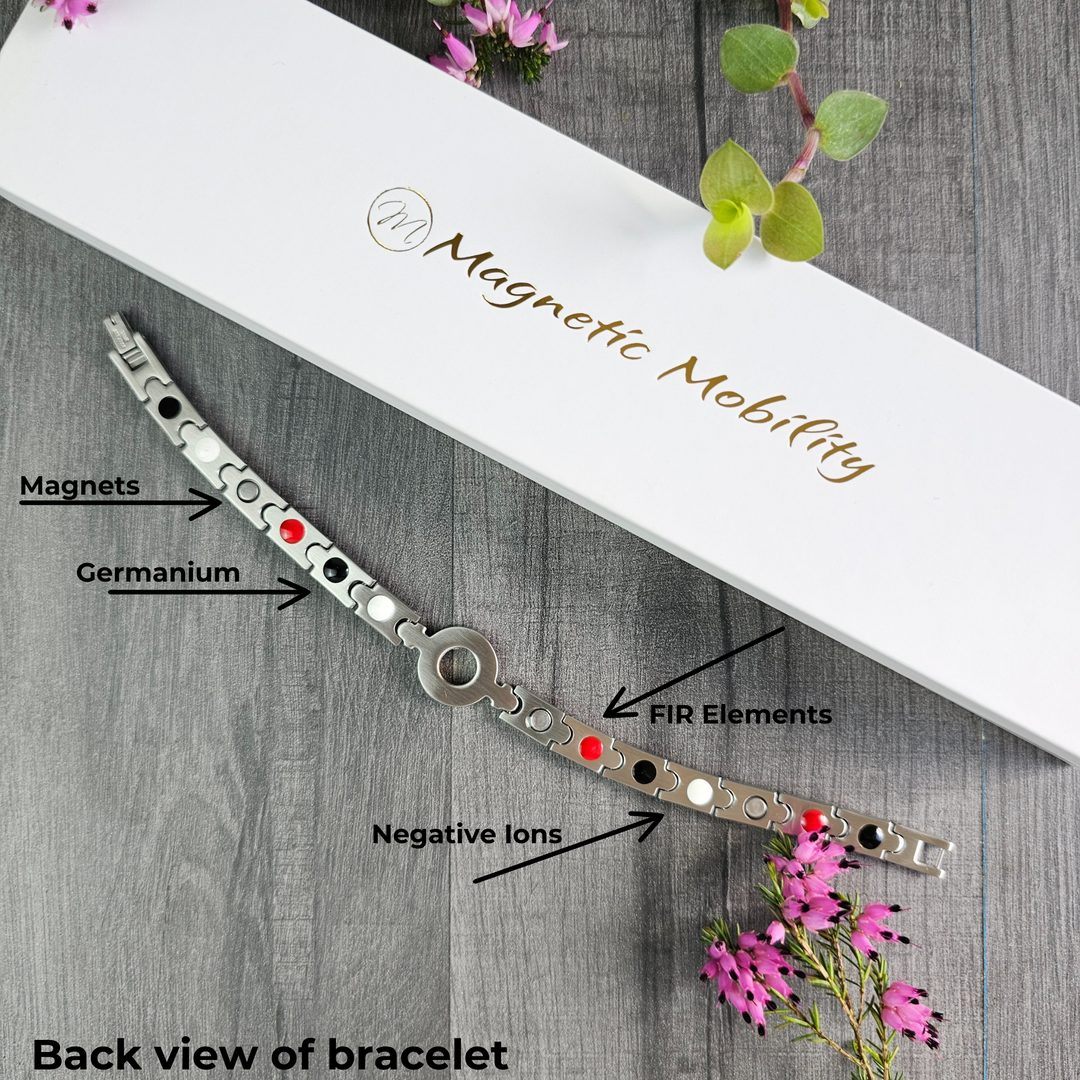A Sorrel Full Moon 4in1 Magnetic Bracelet from Magnetic Mobility lies against a grey wooden surface showing the back view of the bracelet with the 4 heatlh elements shown. 