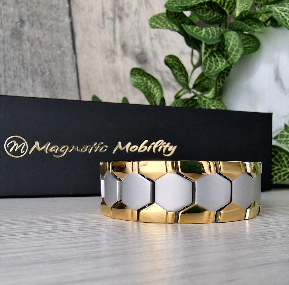 Aster Moon - Mens Magnetic Bracelet with chevron designs in Silver and Gold colour. Double row of Magnetic 4in1 Elements