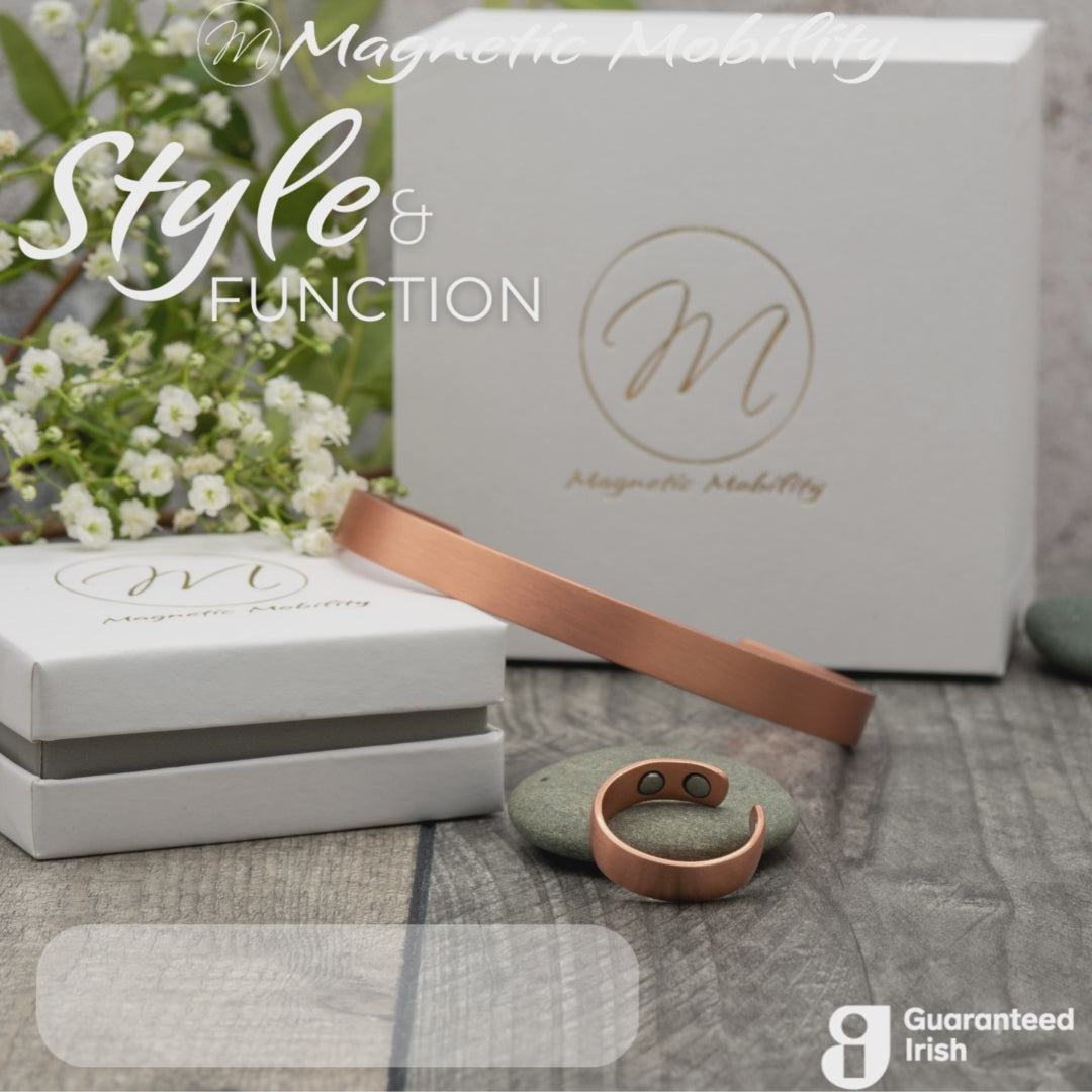 Video of Simple Copper Gift Set featuring a Copper Bracelet and Ring with Neodymium Magnets, designed to help with arthritis and pain relief