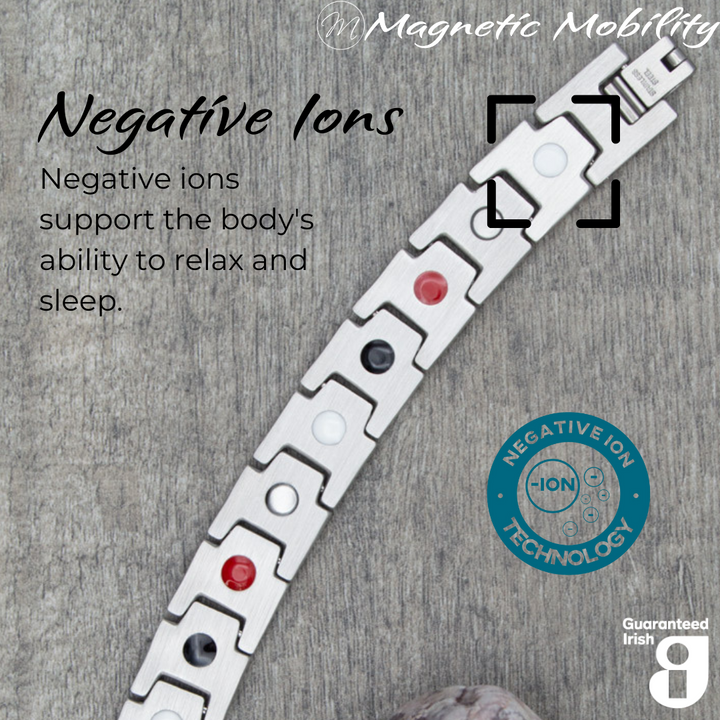 Back view of Alexanders Star 4in1 Magnetic bracelet showing the Negative ions - supporting the bodies ability to relax and sleep. 