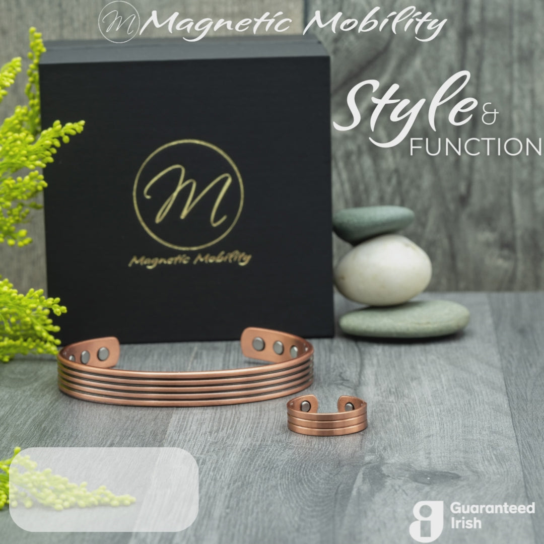Video of Copper Gift Set featuring a Copper Bracelet and Ring with Neodymium Magnets, designed to help with arthritis and pain relief.