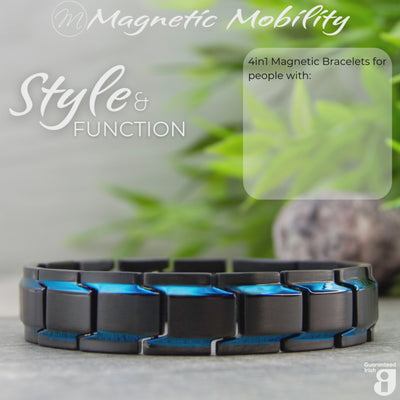 Explore the Alexanders Sky Men's 4in1 Magnetic Bracelet in our video. Marvel at the black plated stainless steel design with blue stripes, understand its wellness features, and hear testimonials from satisfied customers. Discover style and wellness combined