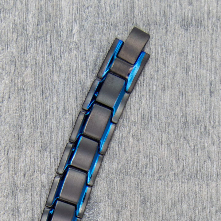 Top view of Alexanders Sky - Mens Magnetic Bracelet - Black with Blue Stripes