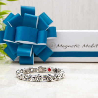 April Birthstone Bracelet infront of Magnetic Mobility Luxury Gift Box with Ribbon