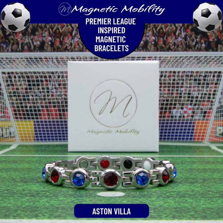 Aston Villa Fan Jewellery - Magnetic Bracelet in Aston Villa Premier League Team colours. For people with Migraine, Sports Injuries, Menopause symptoms, Back pain, arthritis etc. 