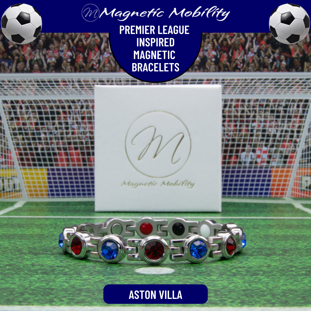 Aston Villa Fan Jewellery - Magnetic Bracelet in Aston Villa Premier League Team colours. For people with Migraine, Sports Injuries, Menopause symptoms, Back pain, arthritis etc. 