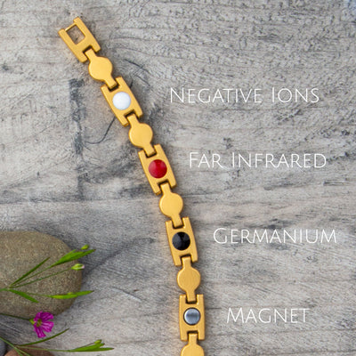 Back view of Avens Summer - womens magnetic bracelet with 4 health elements. Image shows the 4 elements: Negative ions, Far infraded (FIR elements), germatium and Neodynium Magnets