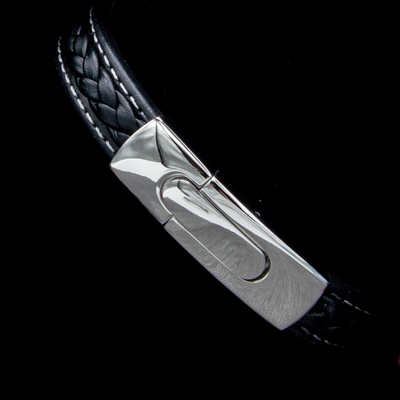 Close up view of Mens Black Leather Bracelet with Magnets