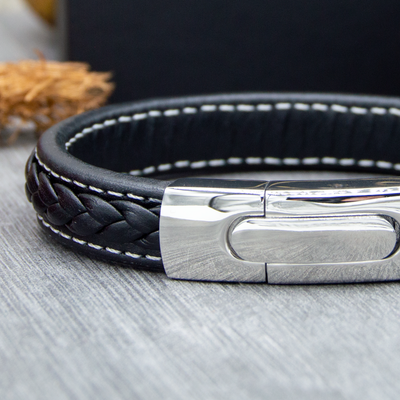 Mens Black Leather Bracelet with Stainless Steel Clasp and Strong Magnets