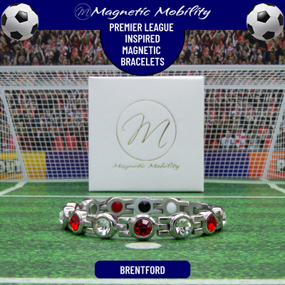 Brentford Fan Jewellery - Magnetic Bracelet in Brentford Premier League Team colours. For people with Migraine, Sports Injuries, Menopause symptoms, Back pain, arthritis etc. 