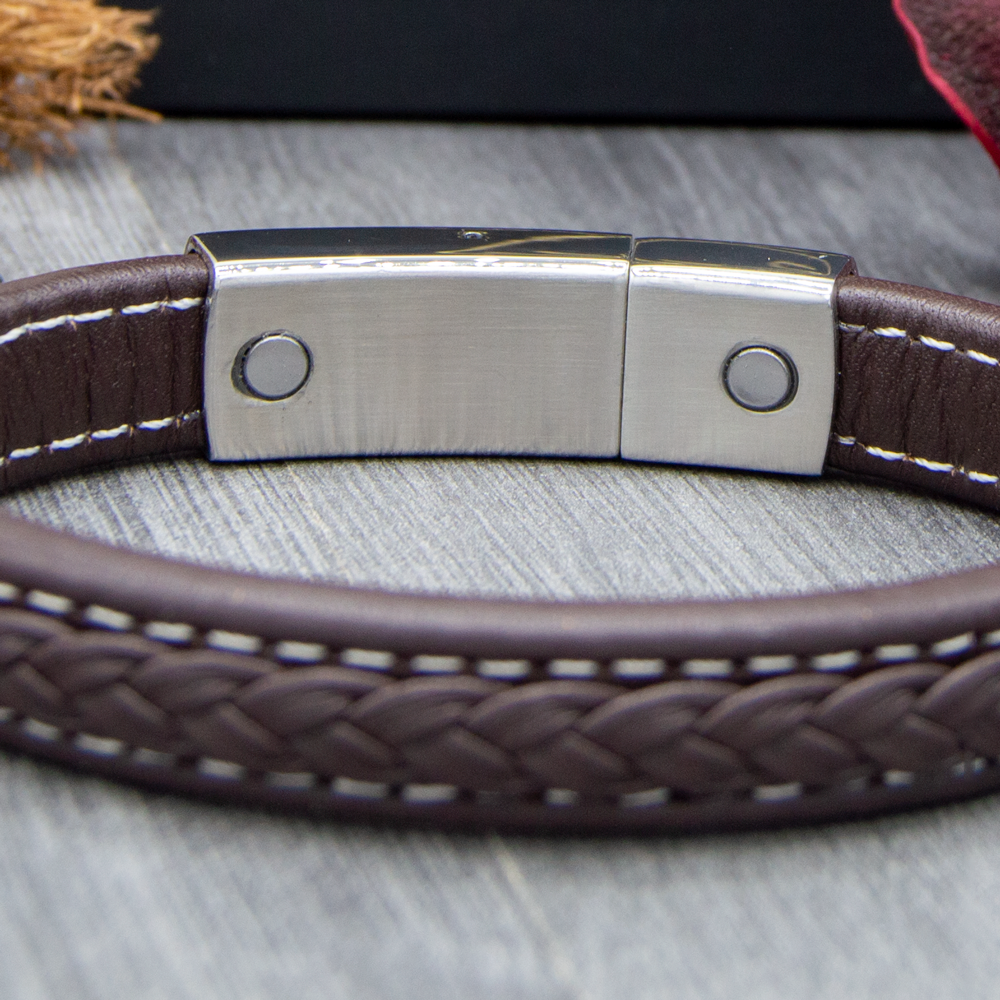 Close up view of the magnets on the back of the clasp on our Brown Mens Leahter Bracelet
