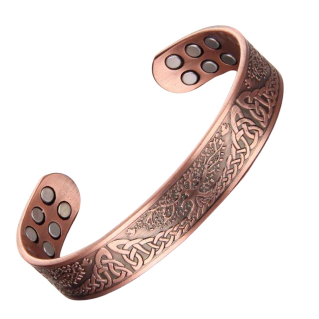 Thick Buckthorn Copper Bracelet enriched with 18 robust neodymium magnets, offering an extra boost for those looking for relief from arthritis or pain.