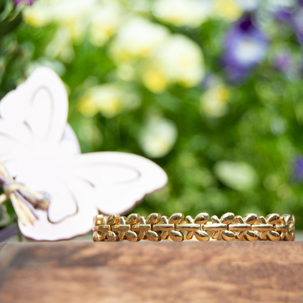 Front view of Buddleia Summer - Gold Coloured Womens Magnetic Bracelet with Butterfly Designs