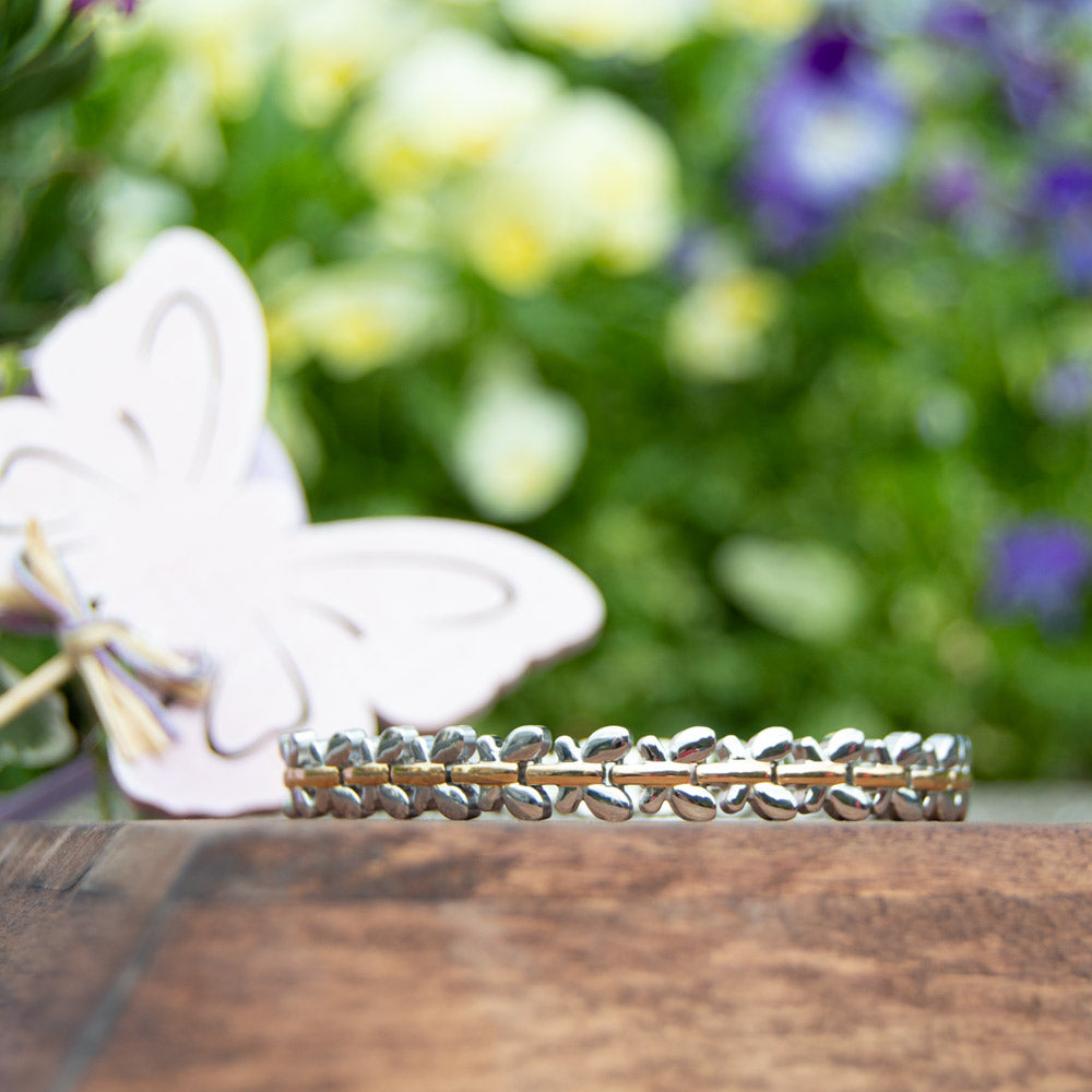 Front view of Buddleia Twighlight - Silver and Gold Coloured Womens Magnetic Bracelet with Butterfly Designs