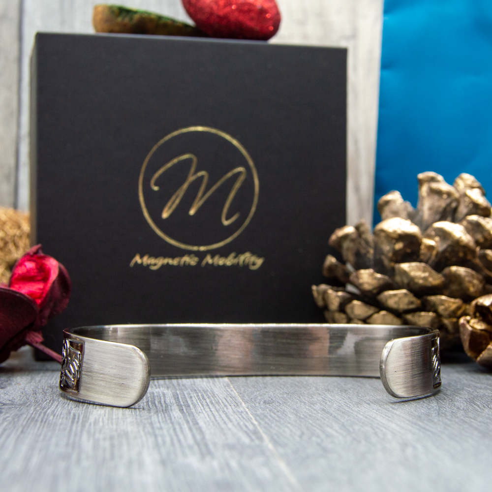 Back view of Mens Copper Cuff Bracelet in Silver colour - with Luxury Gift Box 
