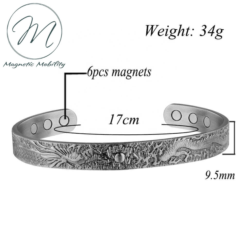 Contemporary Silver Mens Dragon design Magnetic Copper Bracelet. 99.9% pure Copper, 3000 gauss Neodymium Magnets: Relieve Pain, Reduce inflammation, Improve circulation, Improve immune function. Get back to living your best life pain free! Helps relieve  Arthritis and joint/muscle pain. Ideal gift idea! Buy Irish
