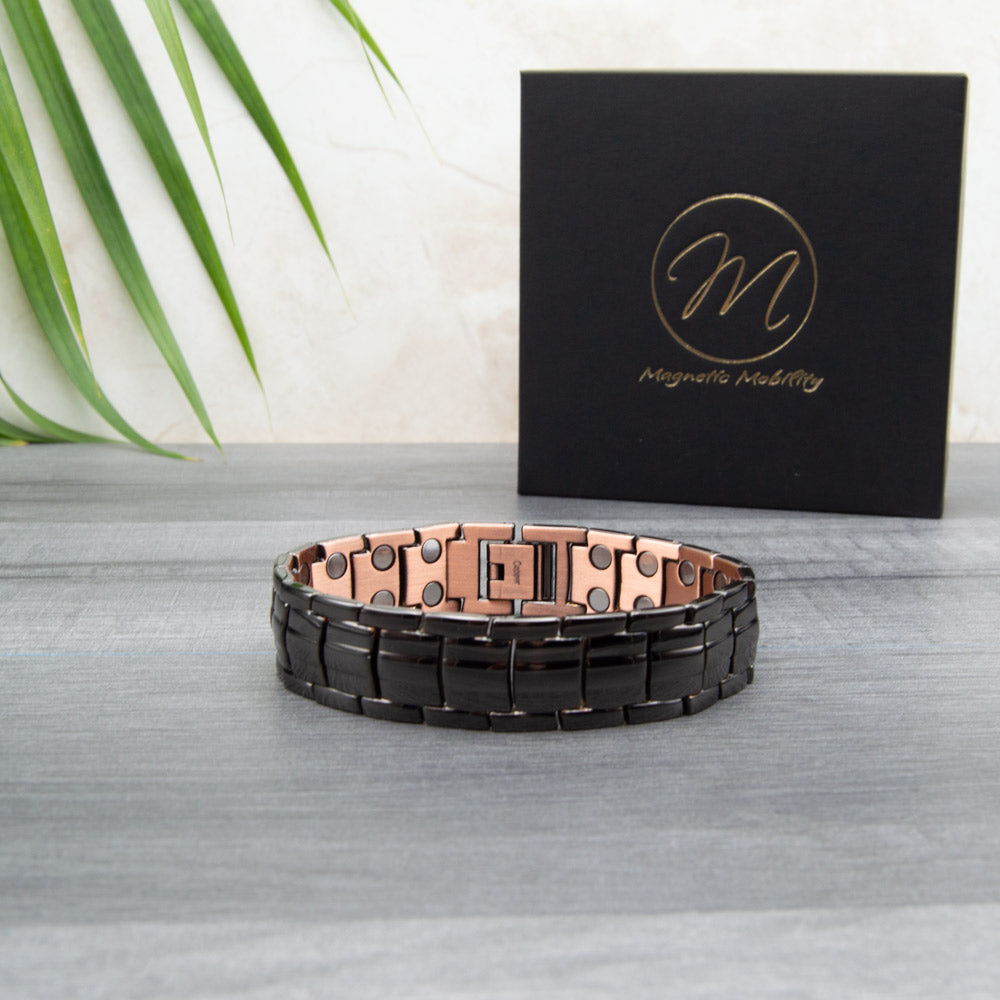 Mens Black Copper Bracelet for Pain relief - Front view with Gift Box in background