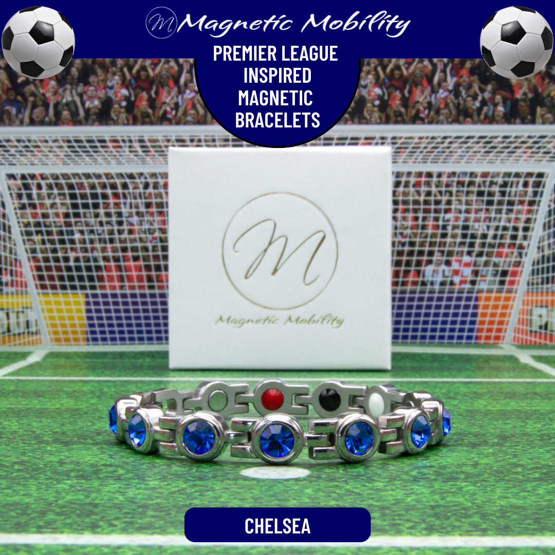 Chelsea Fan Jewellery - Magnetic Bracelet in Chelsea Premier League Team colours. For people with Migraine, Sports Injuries, Menopause symptoms, Back pain, arthritis etc. 