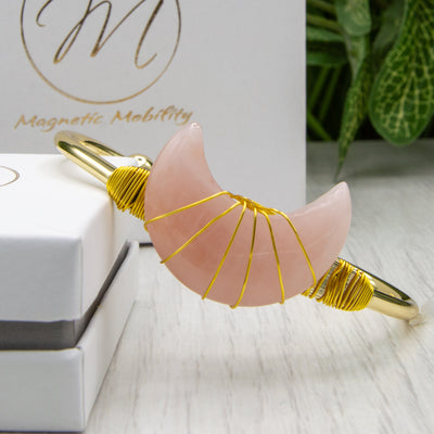Rose Quartz crescent moon copper bracelet with Magnets. Gold plated copper bracelet