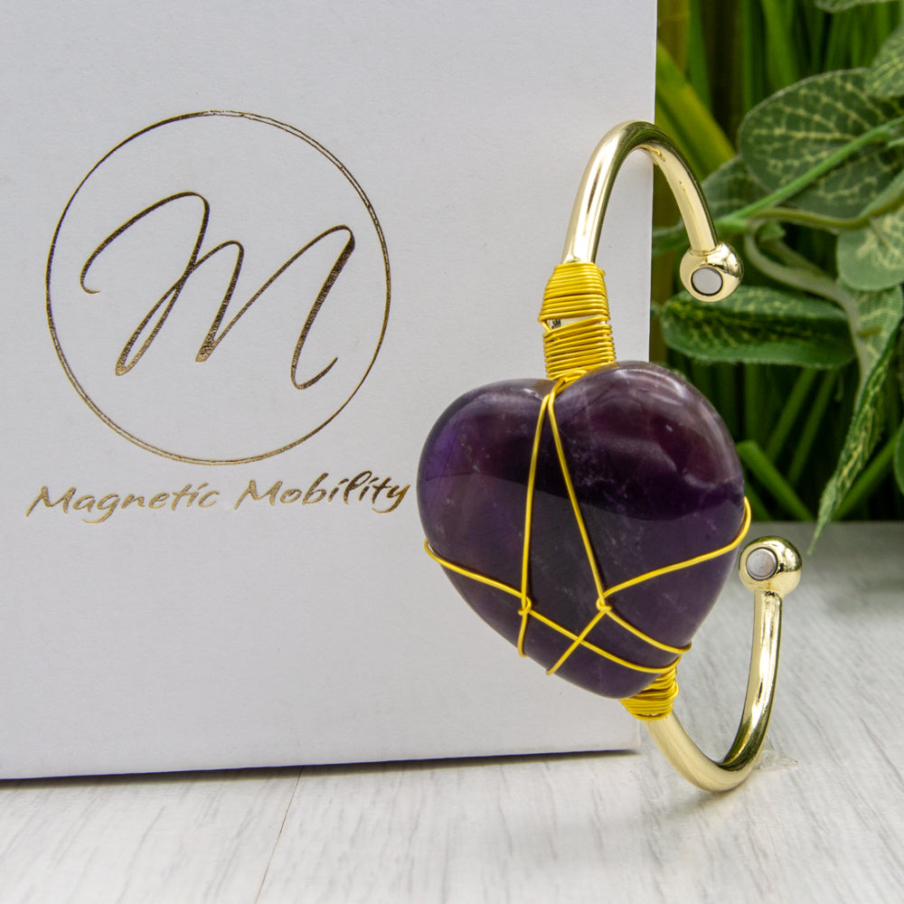 Women's Gold Plated Copper Bracelet with Magnets and Amethyst Stone - Heart-Shaped Design with open back for easy adjustment