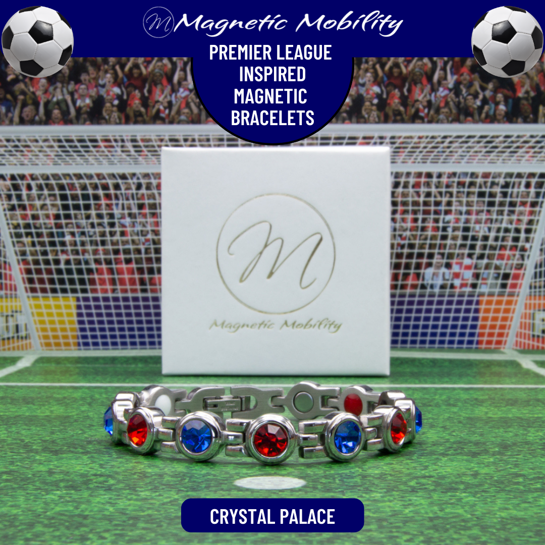 Crystal Palace Fan Jewellery - Magnetic Bracelet in Crystal Palace Premier League Team colours. For people with Migraine, Sports Injuries, Menopause symptoms, Back pain, arthritis etc. 