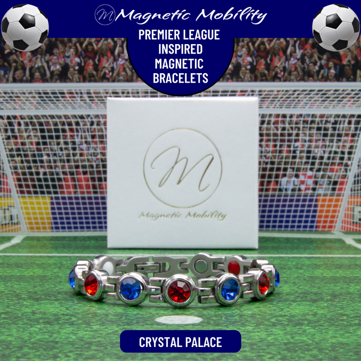 Crystal Palace Fan Jewellery - Magnetic Bracelet in Crystal Palace Premier League Team colours. For people with Migraine, Sports Injuries, Menopause symptoms, Back pain, arthritis etc. 