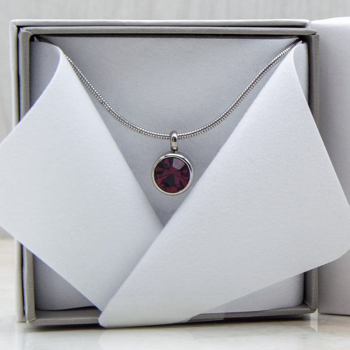 February Birthstone Magnetic Necklace for Women in Luxury Gift Box - makes a beautiful present. Amythest colour gemstone