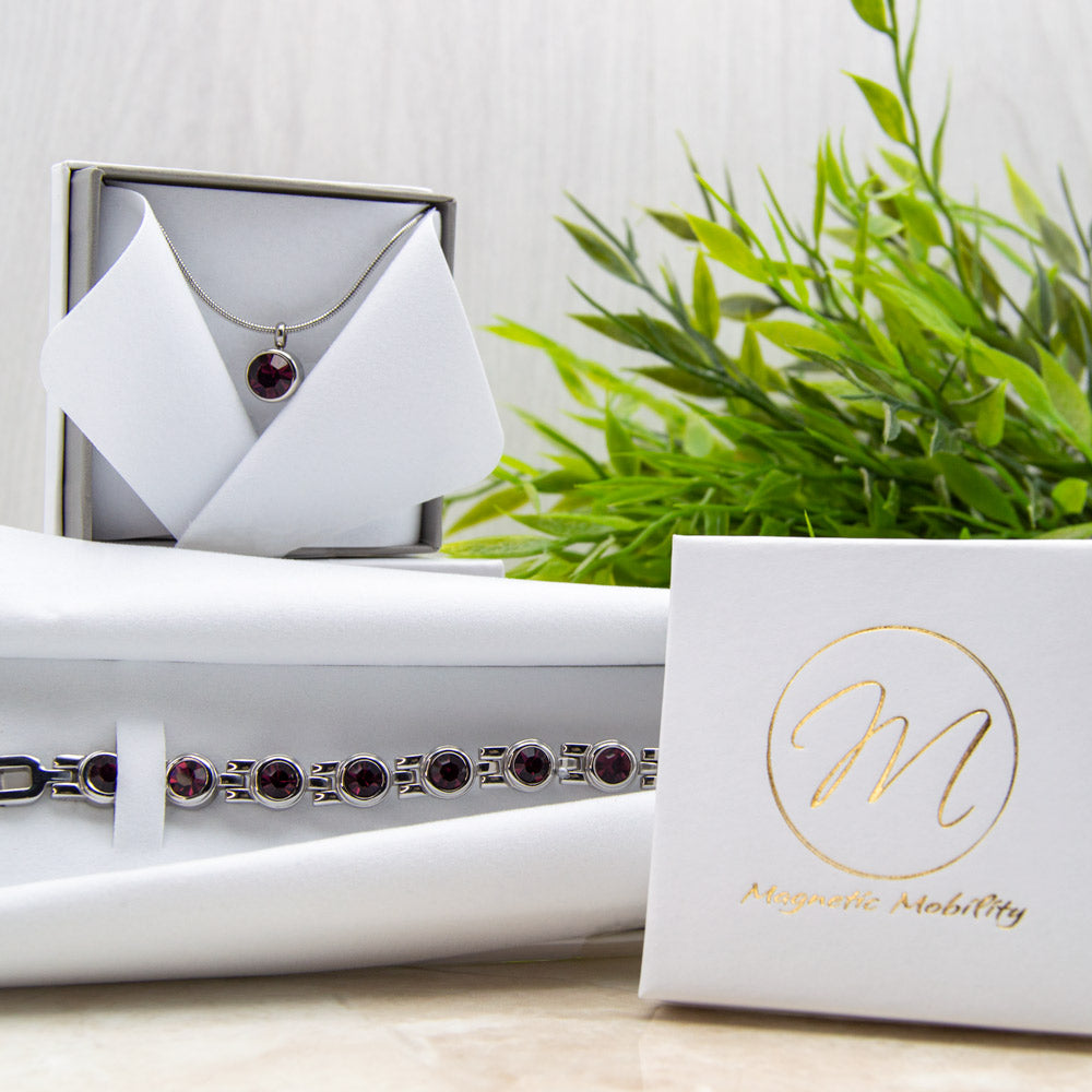 February Birthstone Gift Set for Women containing a Magnetic Necklace and a 4in1 Health Element Magnetic Bracelet.