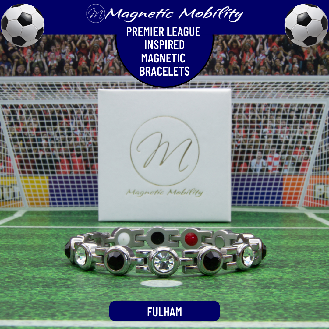Fulham Fan Jewellery - Magnetic Bracelet in Fulaham Premier League Team colours. For people with Migraine, Sports Injuries, Menopause symptoms, Back pain, arthritis etc. 