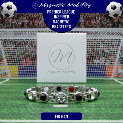 Fulham Fan Jewellery - Magnetic Bracelet in Fulaham Premier League Team colours. For people with Migraine, Sports Injuries, Menopause symptoms, Back pain, arthritis etc. 