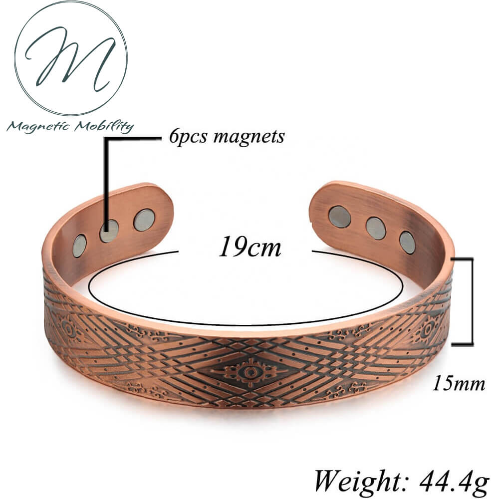 Front view with dimensions. Contains 6 magnets. Contemporary Geometric Mens Magnetic Copper Bracelet. 99.9% pure Copper, 3000 gauss Neodymium Magnets: Relieve Pain,