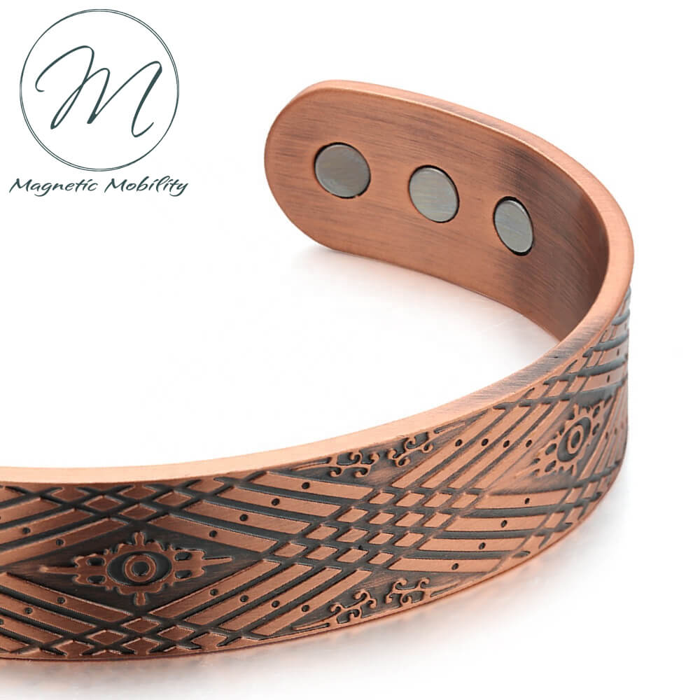 View of design and magnets. Contemporary Geometric Mens Magnetic Copper Bracelet. 99.9% pure Copper, 3000 gauss Neodymium Magnets: Relieve Pain,
