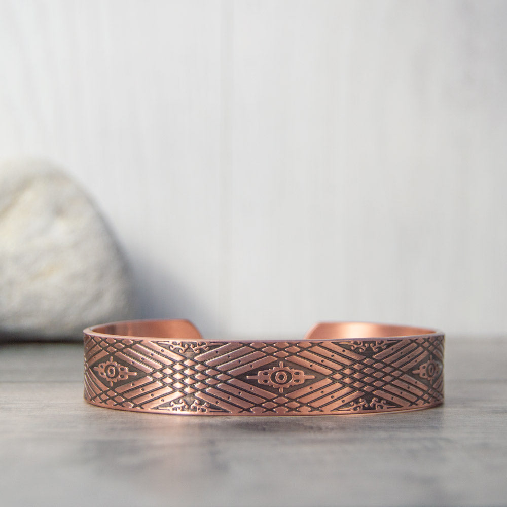 Hawthorn Mens Copper Bangle with Geometric designs - Front View